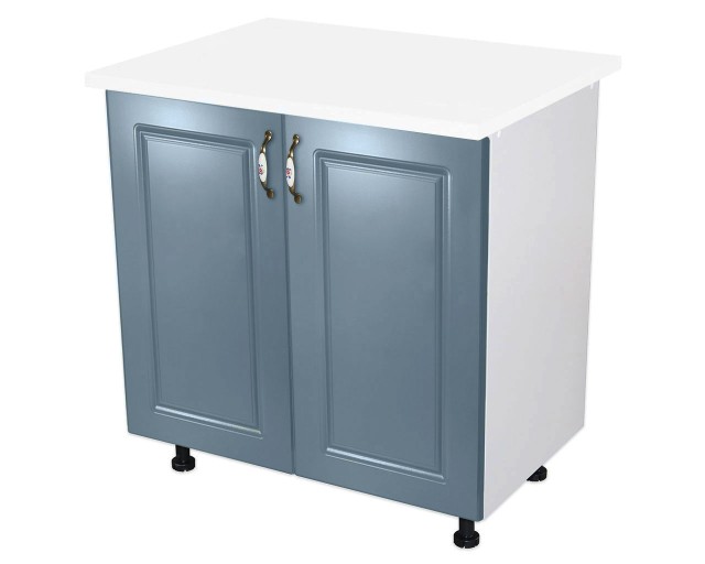 Masca pentru chiuveta cu 2 usi 80 cm Zebra, Alb/MDF Albastru cu blat Alb, 80 x 85 x 60 cm